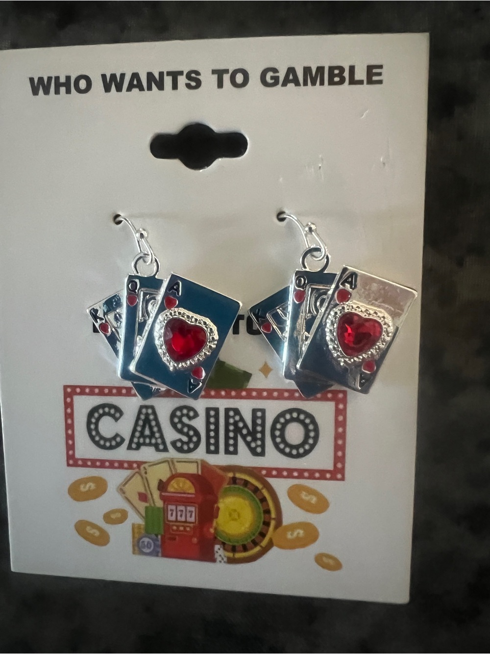 Casio Silver Casino Playing Card Earrings with Red Heart Accents